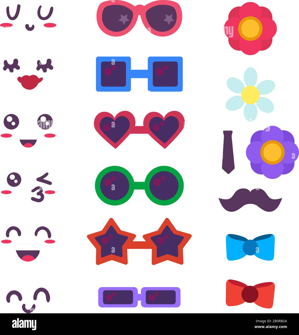 Funny emoticon maker, constructor. Cute facial expressions, sunglasses and decorative elements set Stock Vector