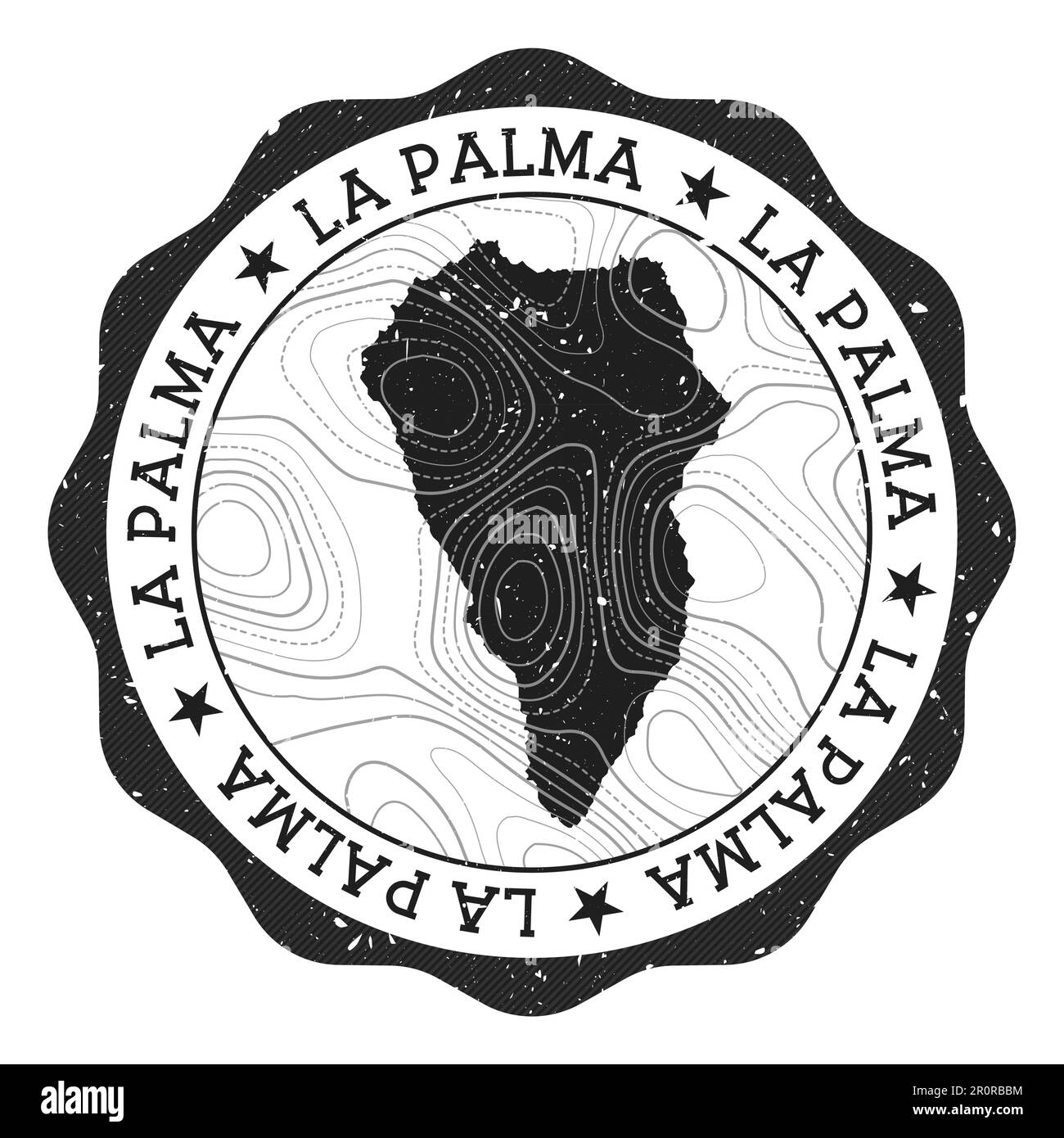 La Palma outdoor stamp. Round sticker with map of island with topographic isolines. Vector illustration. Can be used as insignia, logotype, label, sti Stock Vector