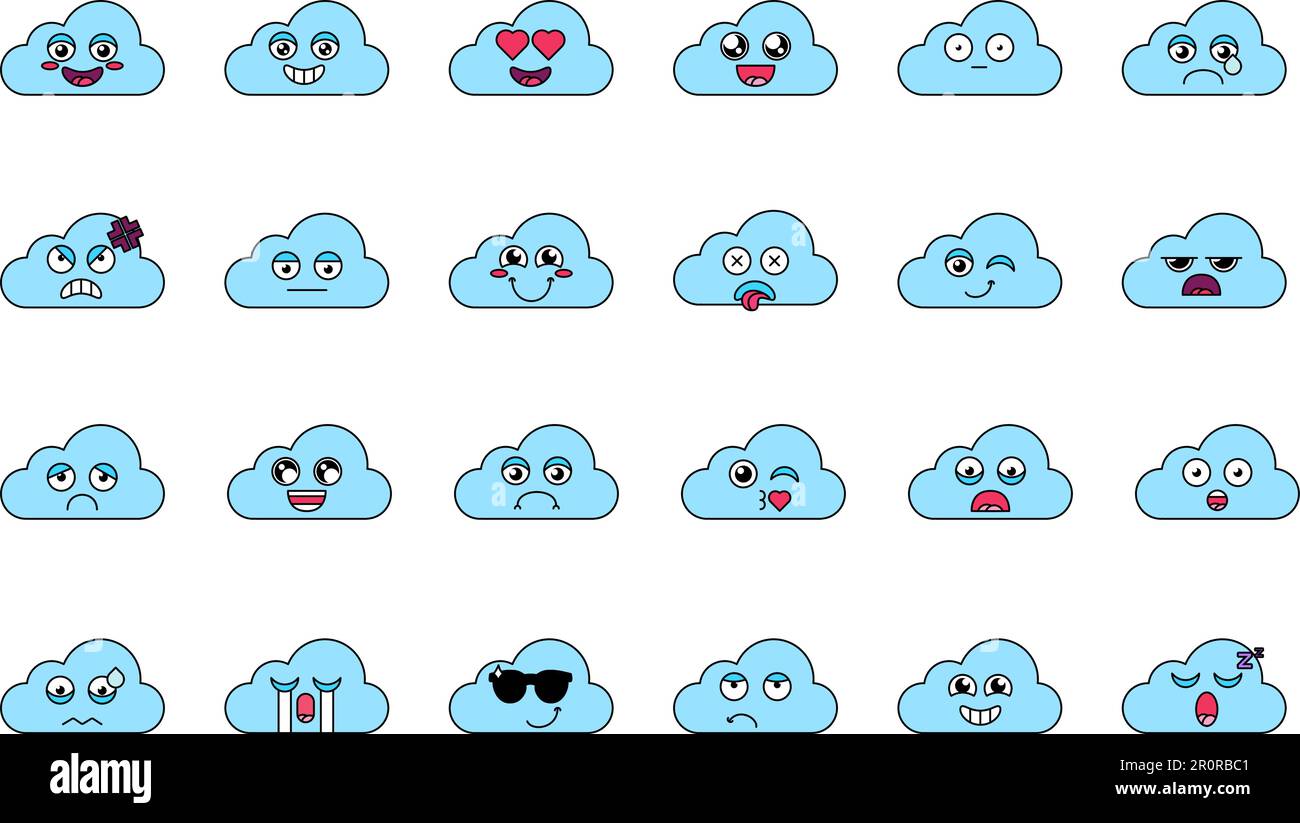 Cute cloud stickers outline illustrations set. Various cartoon