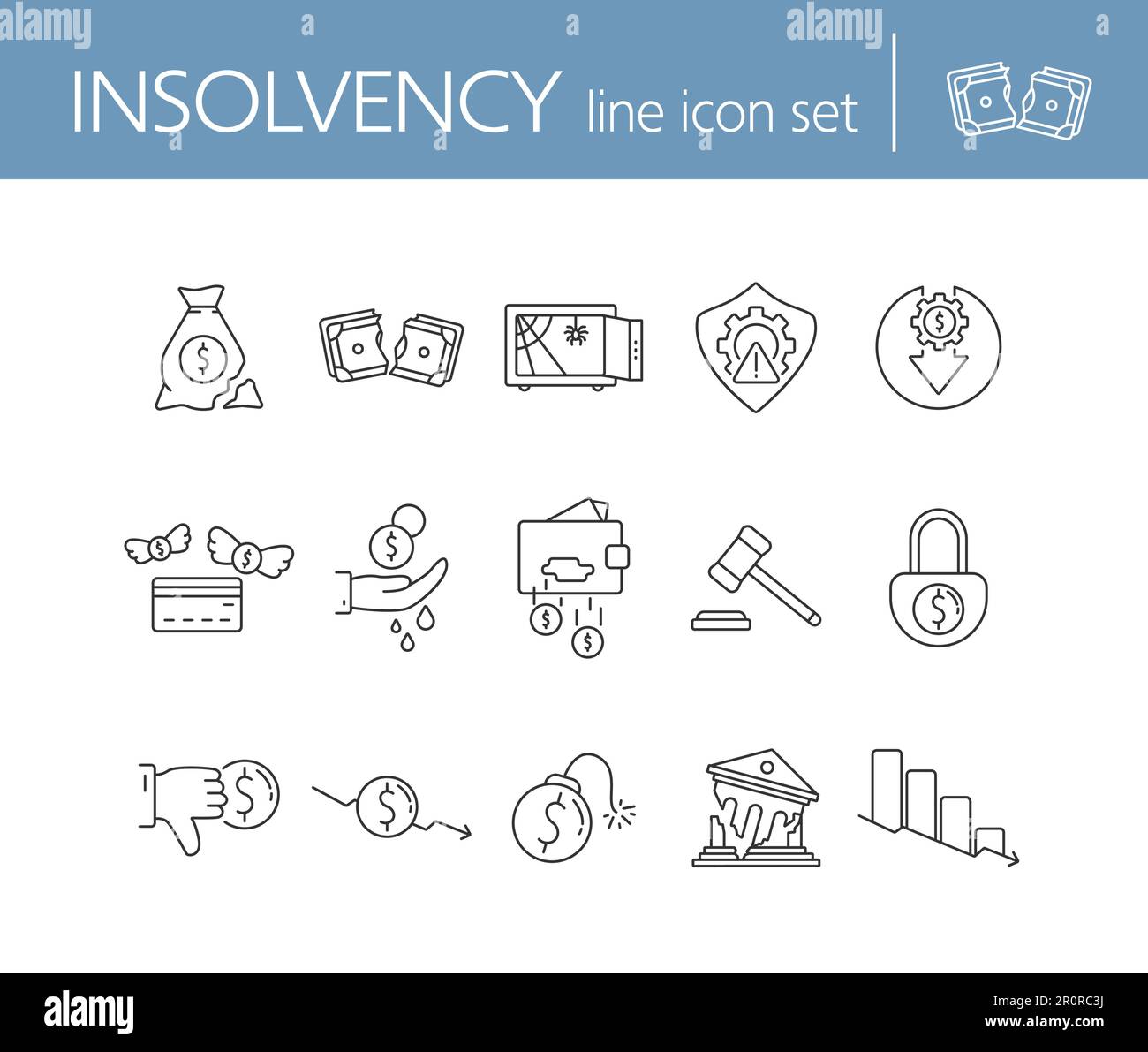 Insolvency line icon set Stock Vector