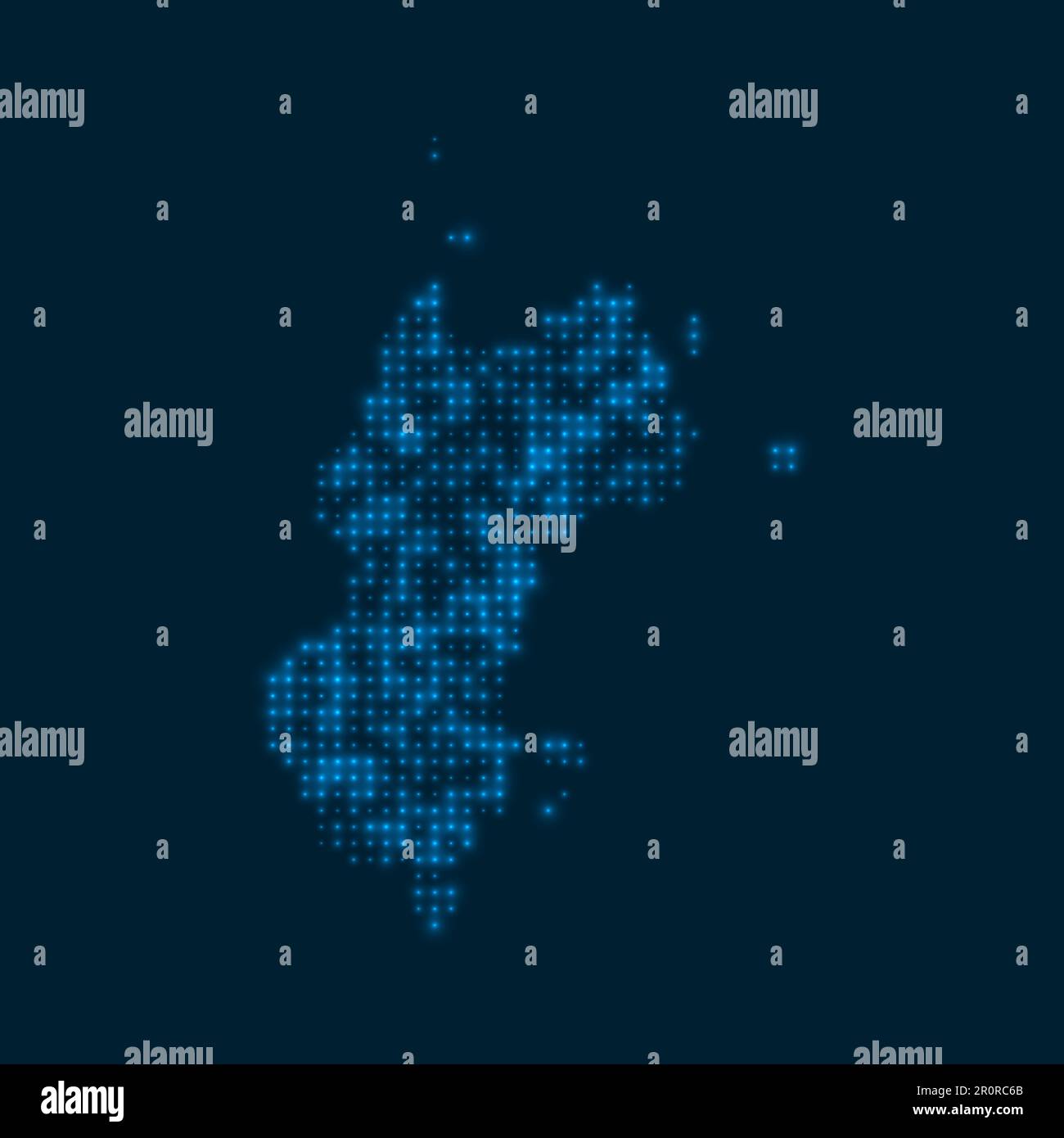 Mustique dotted glowing map. Shape of the island with blue bright bulbs ...