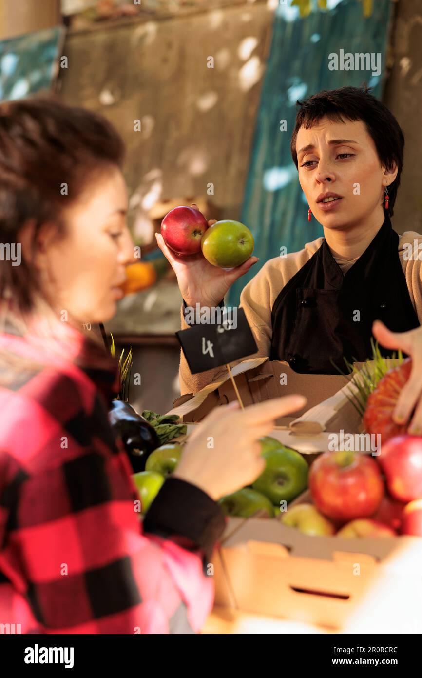 Group of women talking about local fresh farmers market produce, customer checking organic colorful fruits and veggies. Farmer and client meeting at food market stand, agricultural grocery shop. Stock Photo