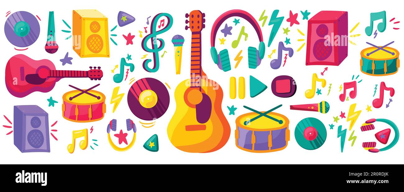 Musical instruments flat cliparts set. Hand drawn orchestra equipment