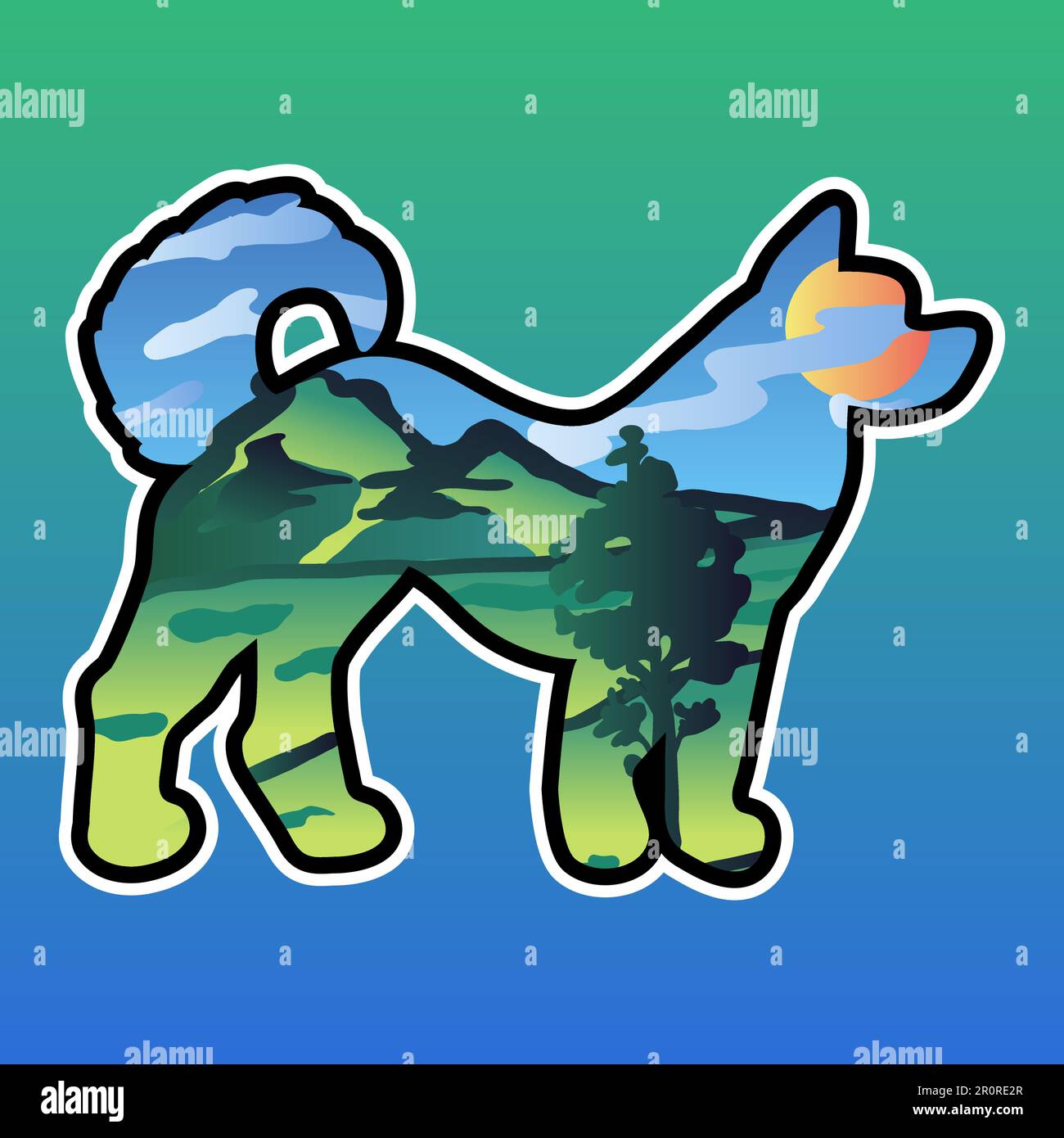 Dog and nature double exposure illustration. Wild landscape in domestic