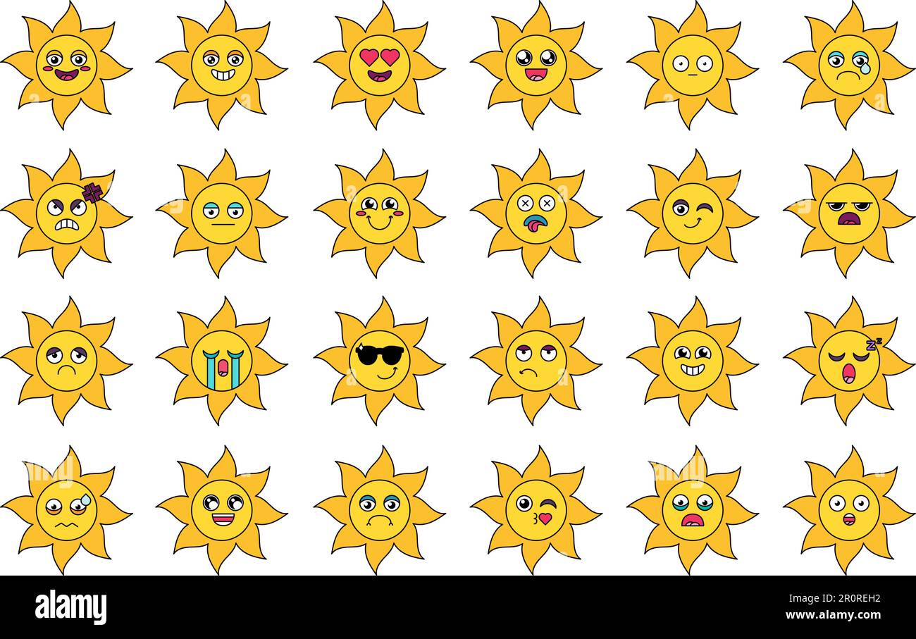 Cute sun stickers outline illustrations set. Various cartoon emoticons ...