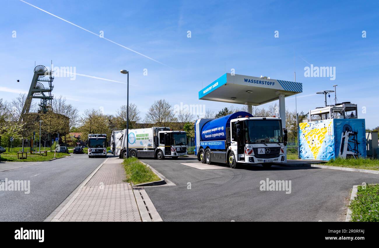 Hydrogen filling station, waste disposal vehicles, refuse collection vehicles, of the municipal waste disposal company Herten and Gelsendienste from G Stock Photo