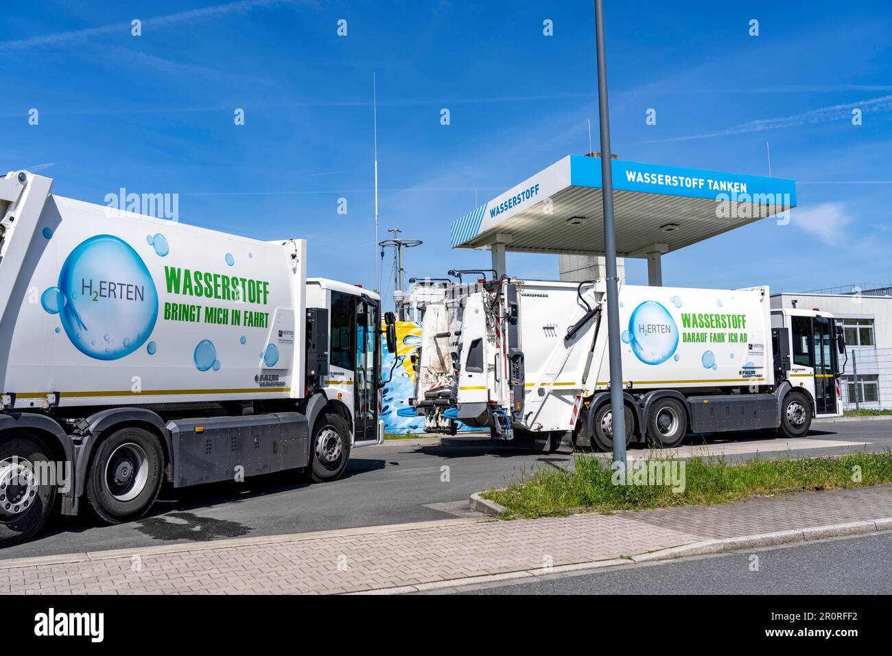 Hydrogen filling station, waste disposal vehicles, refuse collection vehicles, of the municipal waste disposal company Herten, fill up, at the hydroge Stock Photo