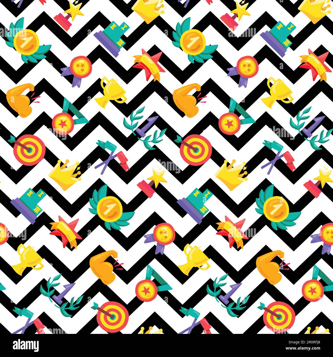 Color awards seamless vector pattern. Championship trophies, prizes on zigzag lines background Stock Vector
