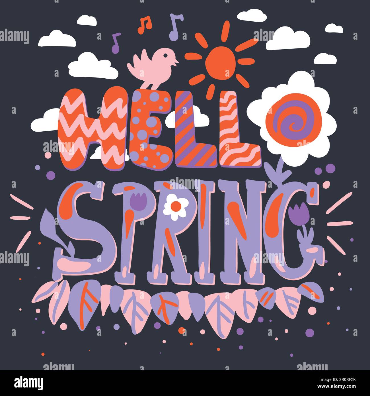 Quote hand drawn lettering. Hello spring. Flat design greeting card ...