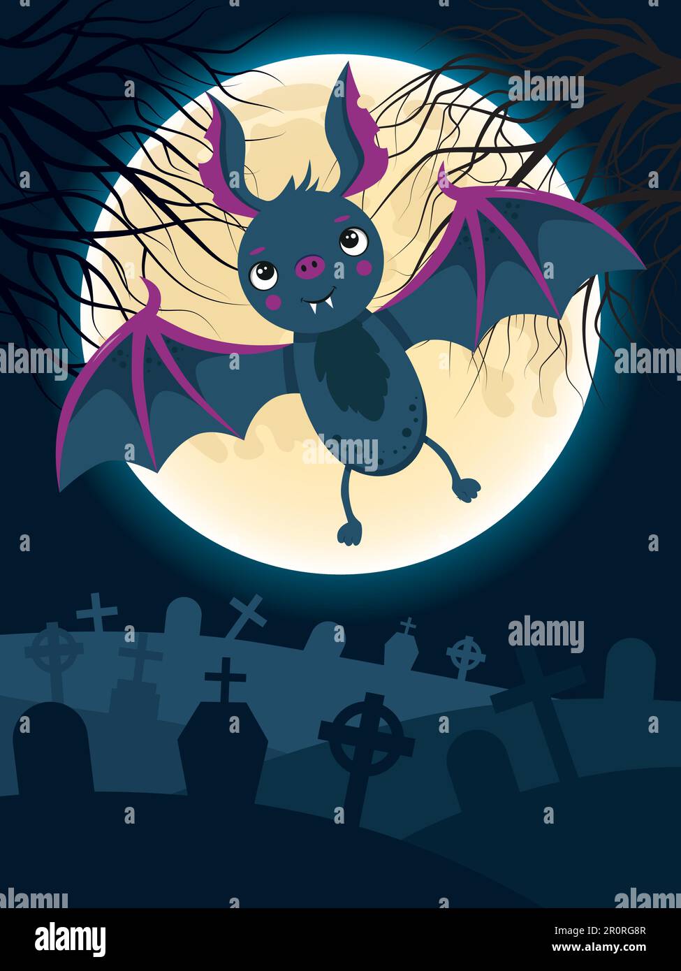 Halloween illustration with a bat and a graveyard in the background. Stock Vector