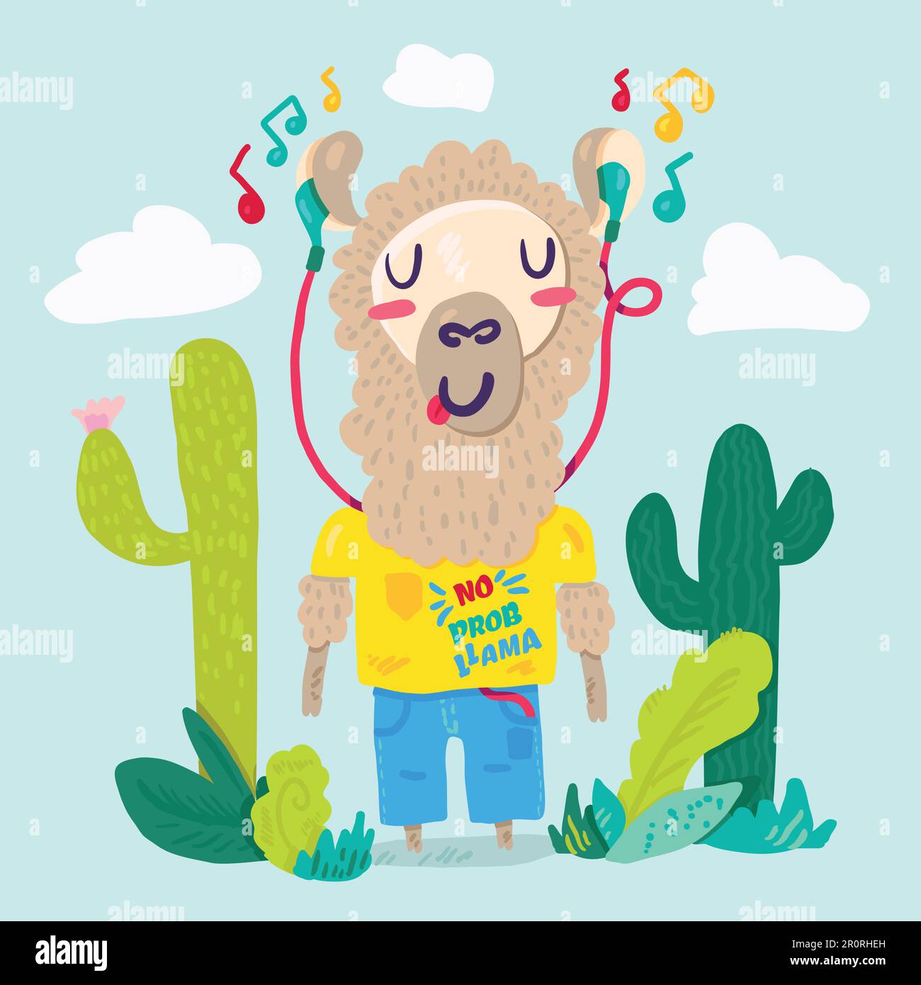 Llama in earphones flat cartoon character. Stylized lettering. Hipster alpaca, cacti color clipart Stock Vector