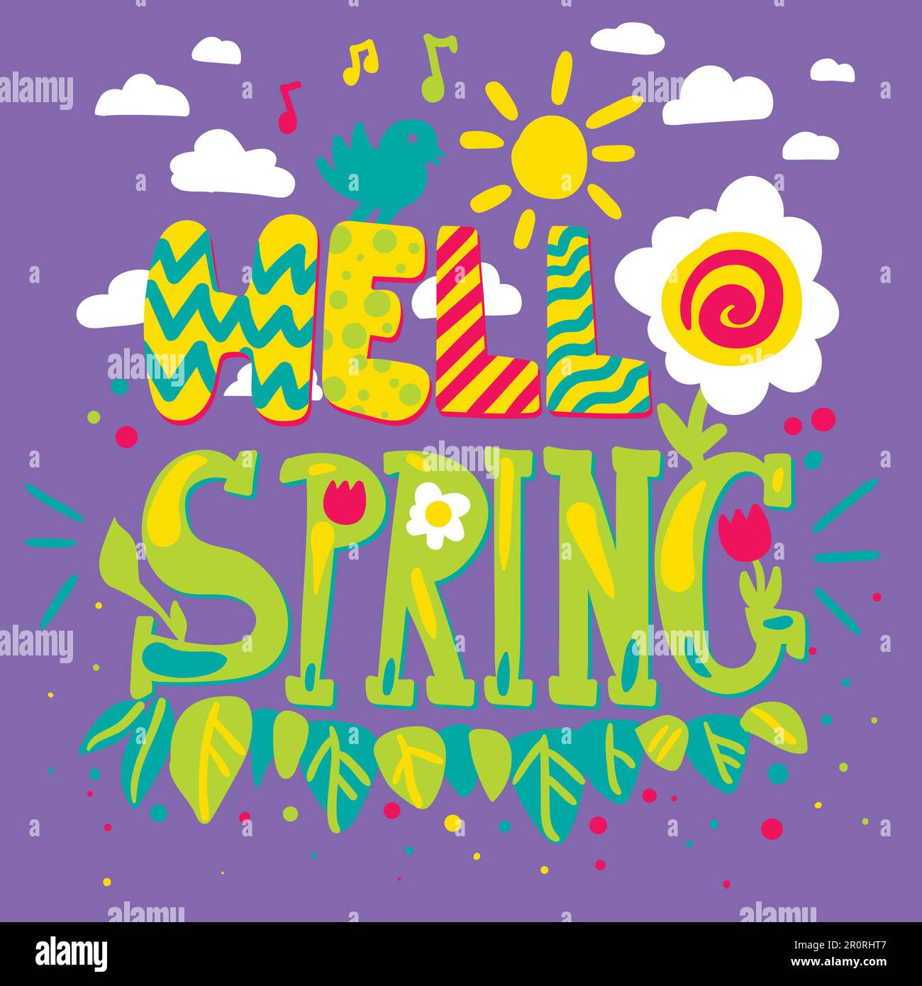 Quote hand drawn lettering. Hello spring phrase. Flat design greeting ...