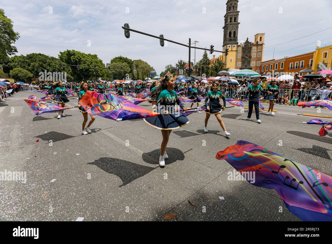 Students march in the civic parade on the anniversary of the May 5 battle in the state of Puebla Stock Photo