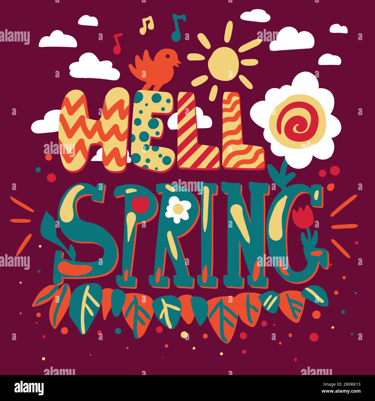 Quote hand drawn lettering. Hello spring. Flat design greeting card ...