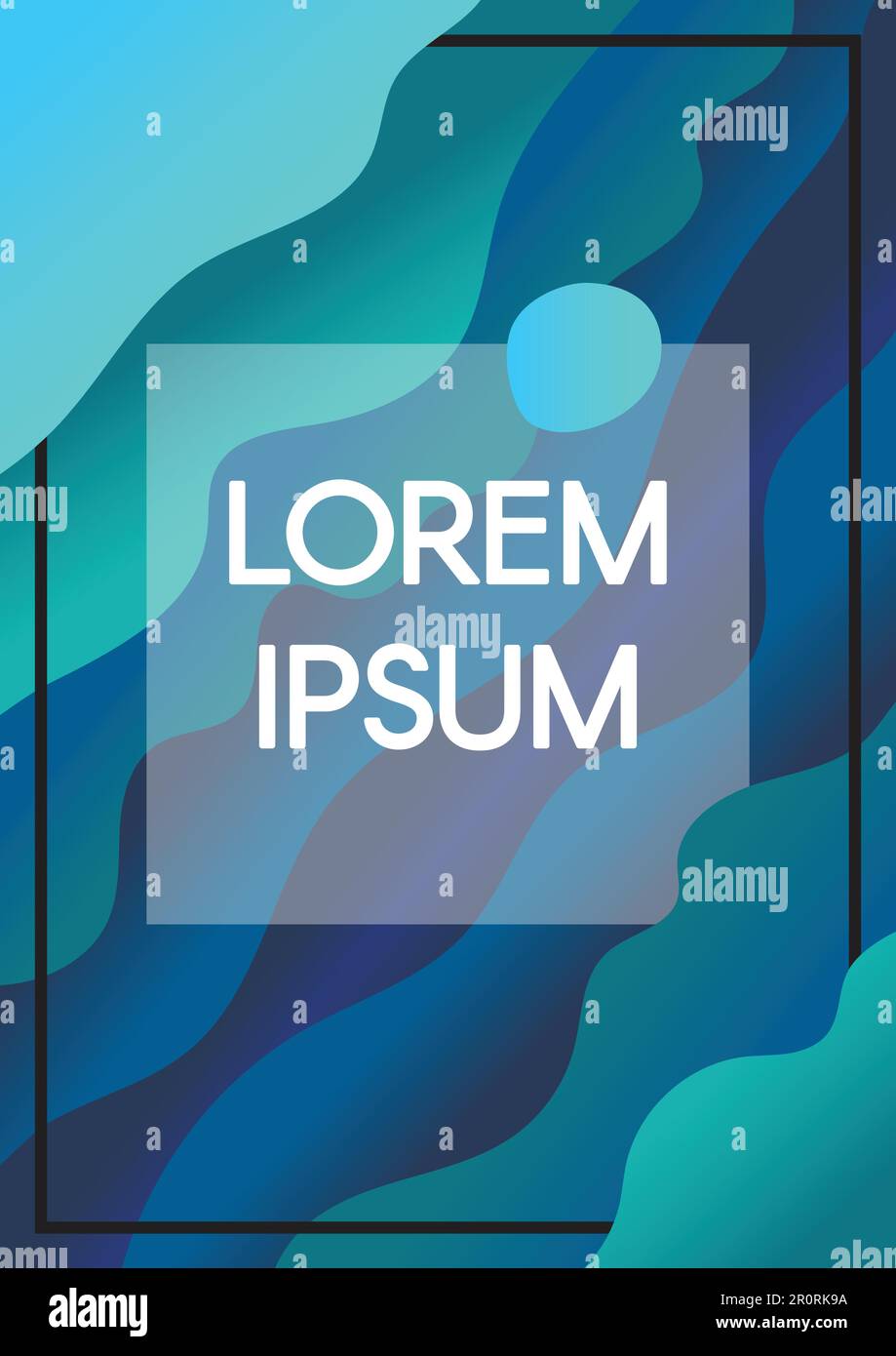 Abstract fluid waves blue background with text frame borders. Vertical banner with copyspace Stock Vector