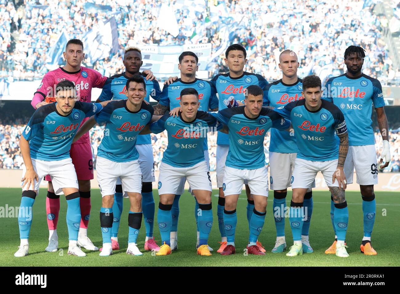 Naples, Italy, 7th May 2023. The SSC Napoli starting eleven line up for a team photo prior to kick off, back row ( L to R ); Pierluigi Gollini, Victor Osimhen, Mathias Olivera, Min-Jae Kim, Leo Ostigard and Andre Anguissa, front row ( L to R ); Eljif Elmas, Hirving Lozano, Giacomo Raspadori, Diego Demme and Giovanni Di Lorenzo, in the Serie A match at Stadio Diego Armando Maradona, Naples. Picture credit should read: Simon Bellis / Sportimage Stock Photo