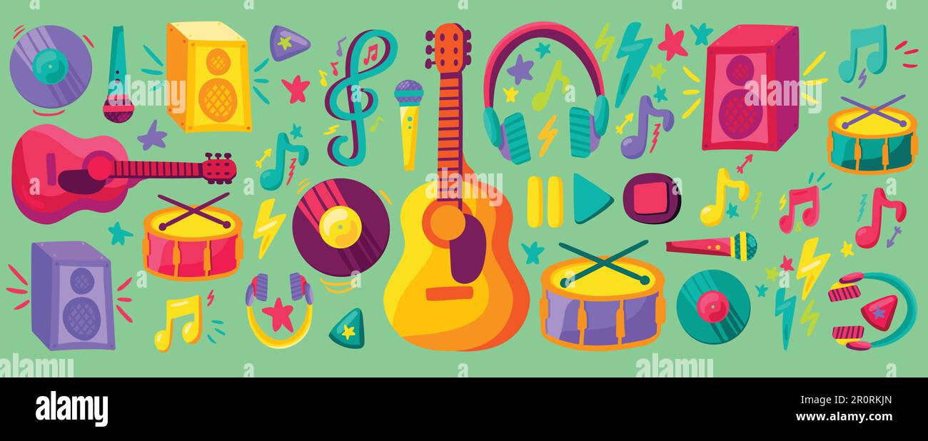 Musical concert banner flat cliparts set. Stickers packHand drawn guitar, drums, records collection Stock Vector