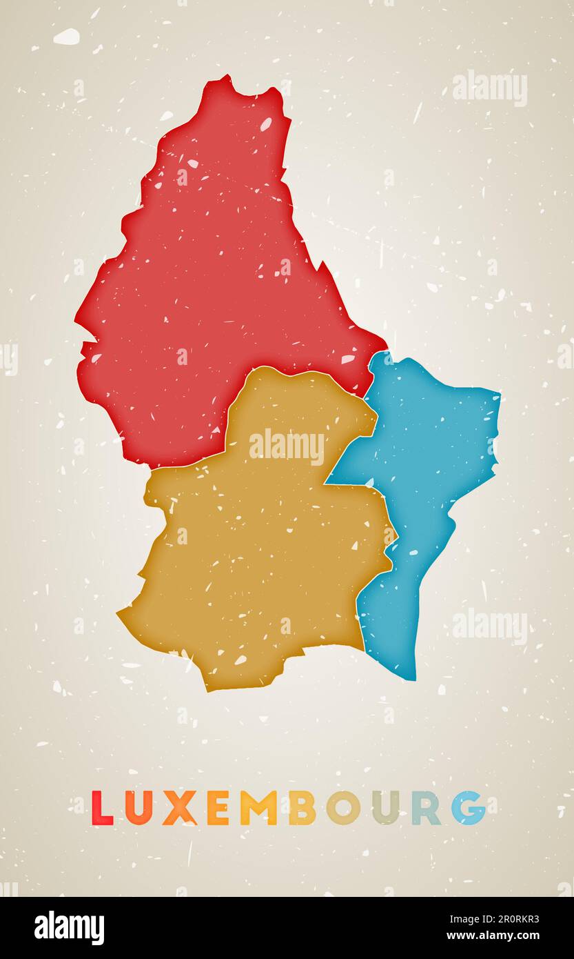 Luxembourg map. Country poster with colored regions. Old grunge texture. Vector illustration of Luxembourg with country name. Stock Vector