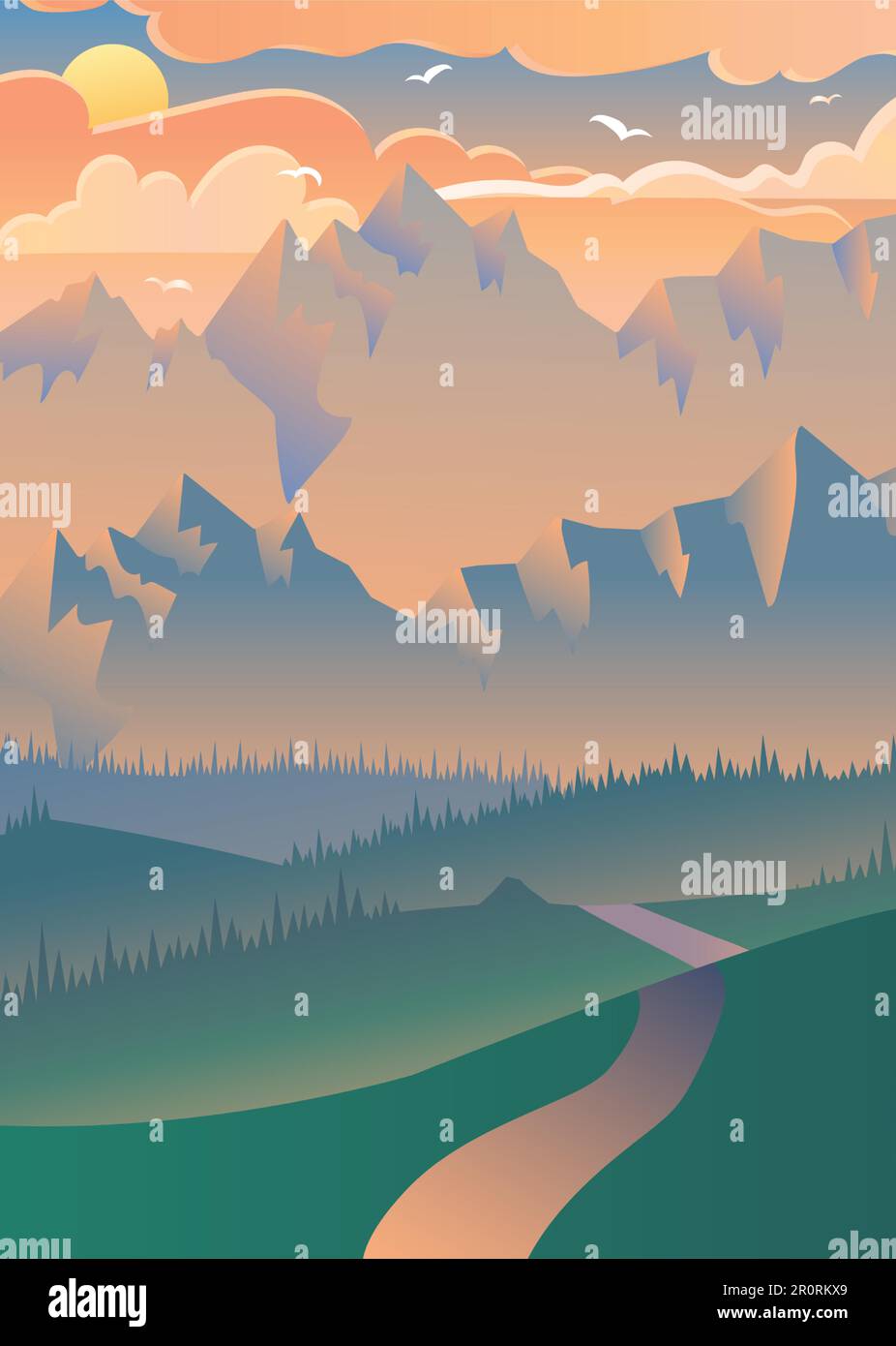 Sunset in forest vector illustration. Flying birds over mountains ...