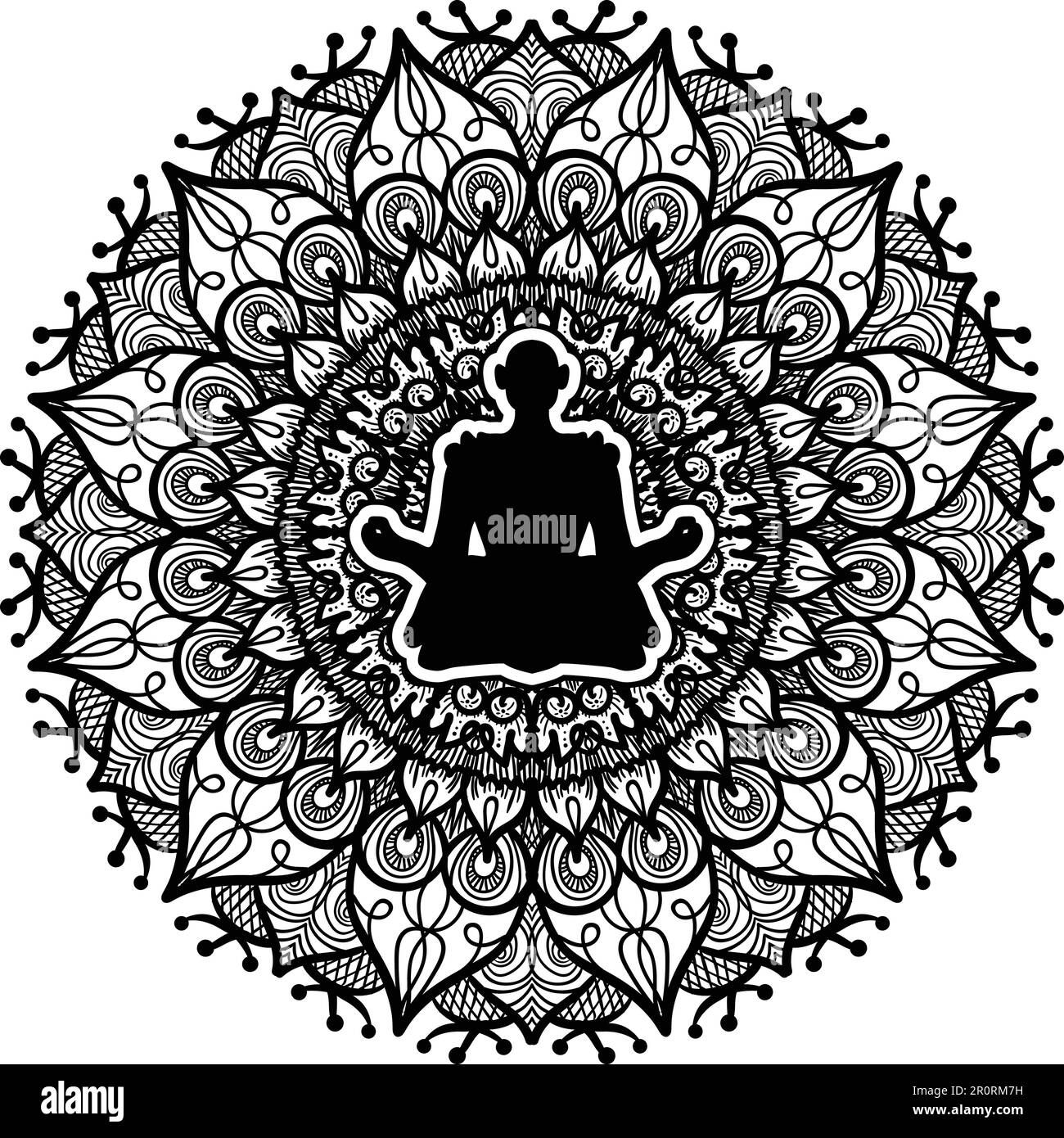 Person sitting in lotus pose silhouette. Yoga, fitness mandala art