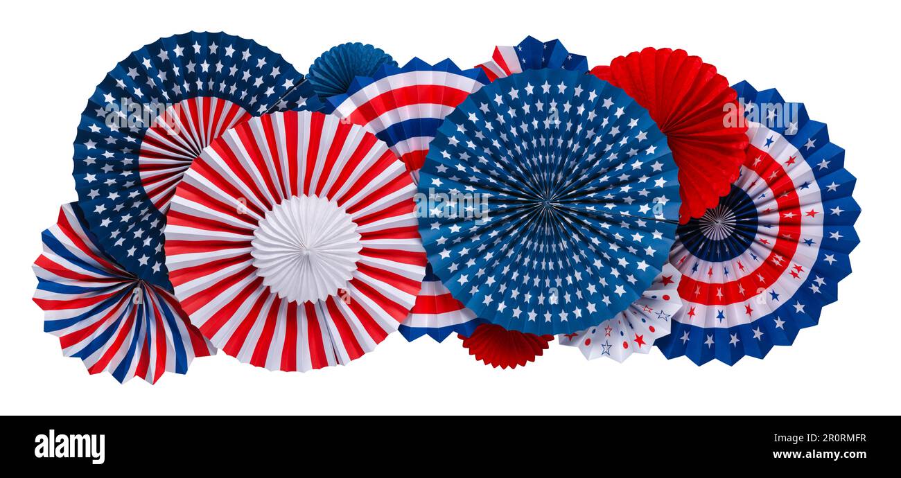 Decorations of vibrant red white and blue paper fans isolated on white. For 4th of July, Memorial day, Veteran's day, or other patriotic holiday celeb Stock Photo