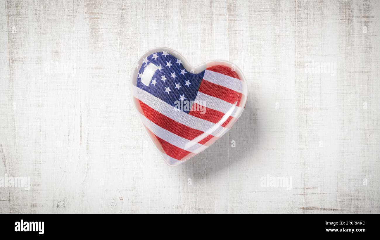 US American flag in the shape of a heart. For Veteran's day, Memorial Day, 4th of July, or other patriotic holiday. Stock Photo