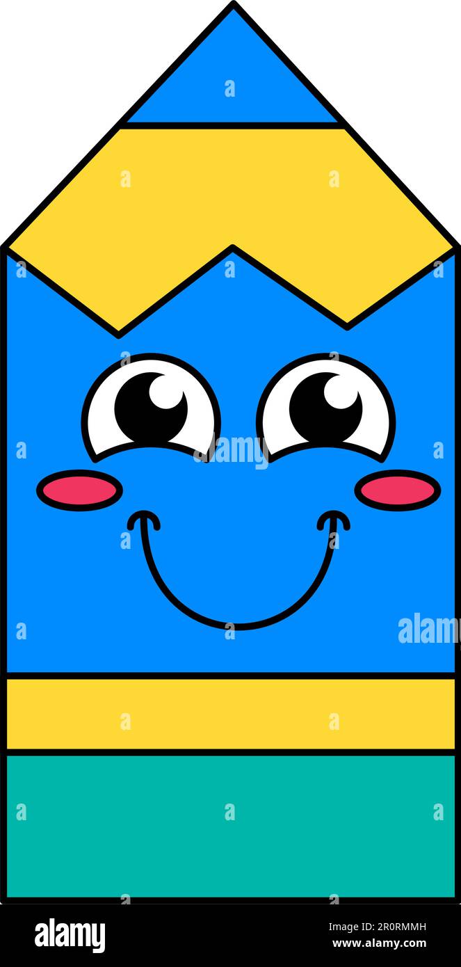 Blushing pencil emoji cartoon illustration. Humble emoticon. Blue