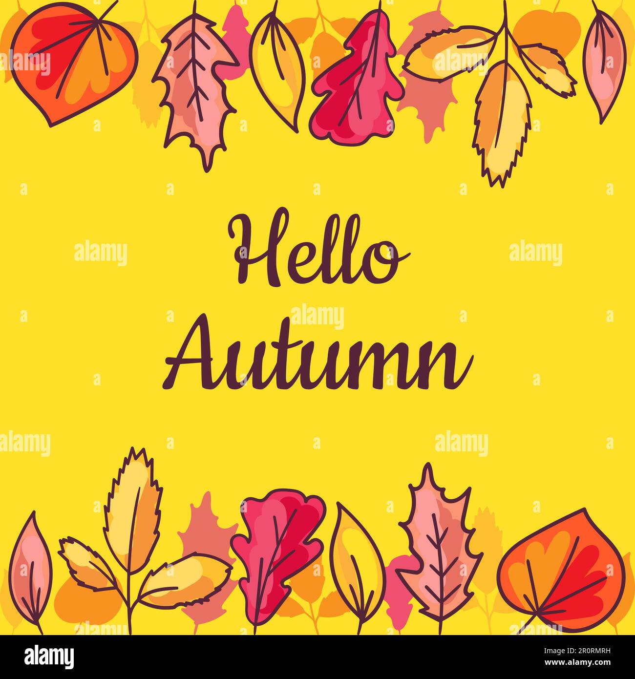 Hello Autumn Decorated Hand Drawn Colored Leaves Isolated on Yellow ...