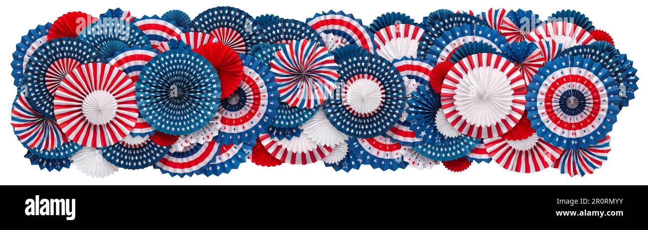 Festive red, white, and blue USA decorations. For patriotic celebrations like 4th of July, Memorial day, Veteran's day, or other US American holidays. Stock Photo