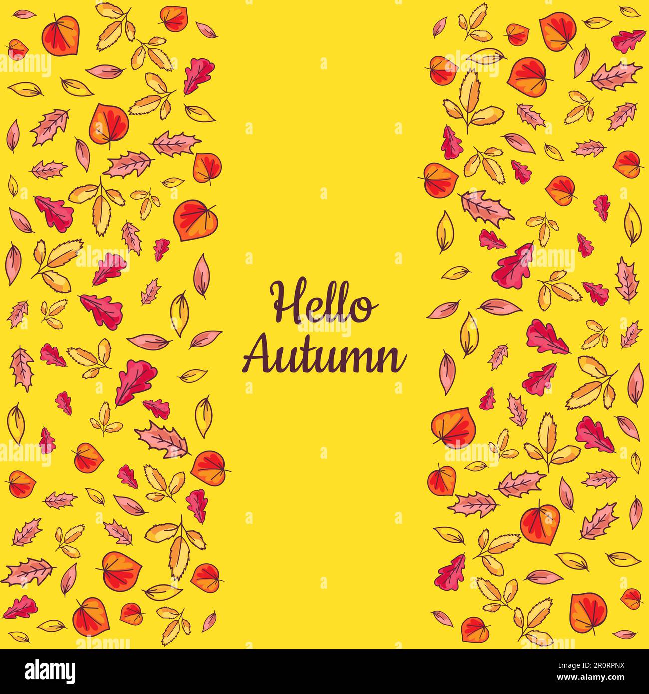Banner Hello Autumn with Hand Drawn Colored Leaves Isolated on Yellow