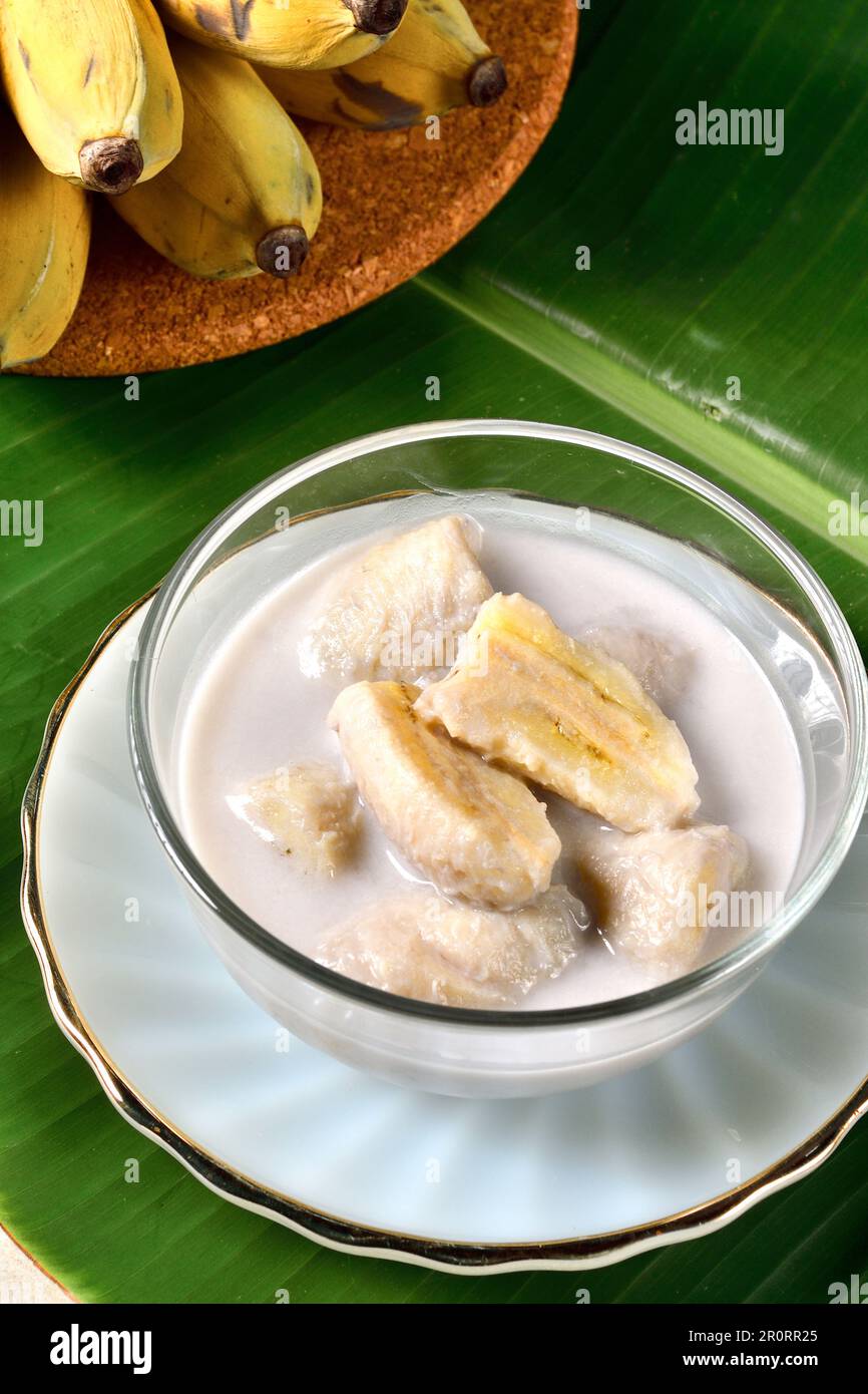 Banana in coconut milk,Traditional Thai desserts in a bowl on a banana