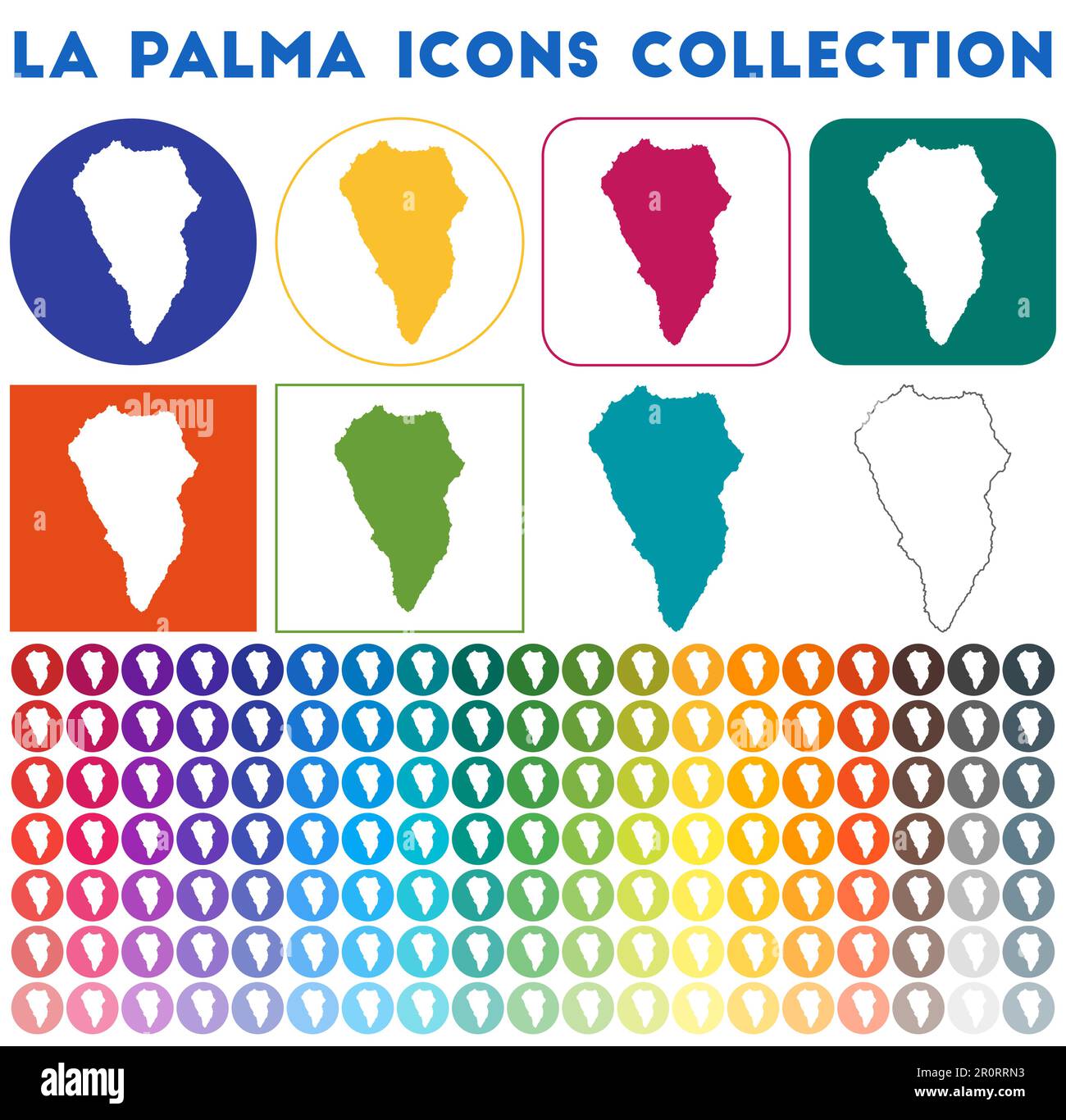 La Palma icons collection. Bright colourful trendy map icons. Modern La Palma badge with island map. Vector illustration. Stock Vector