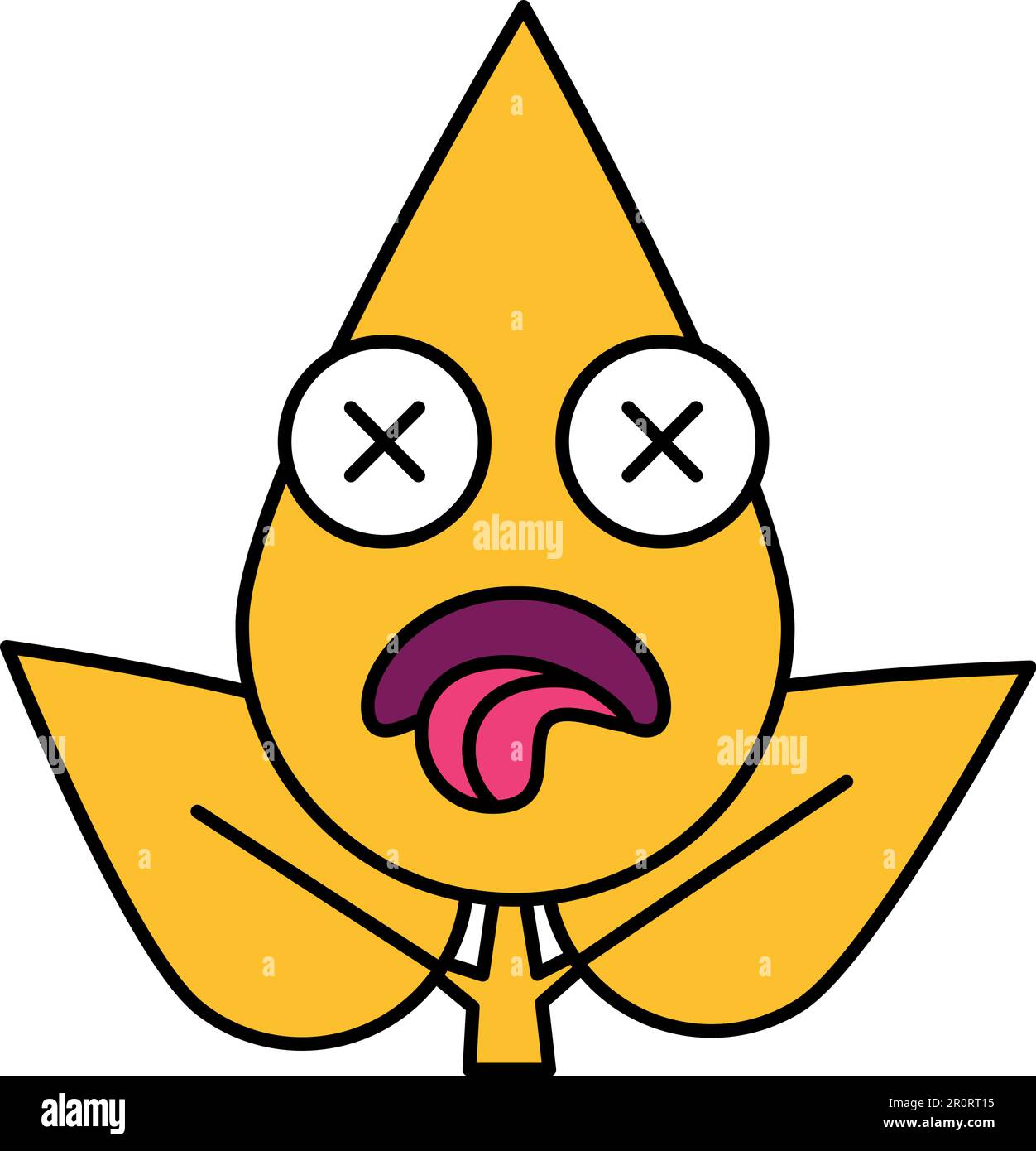 Yellow leaf dead emoticon linear icon. Dying plant with crossed eyes