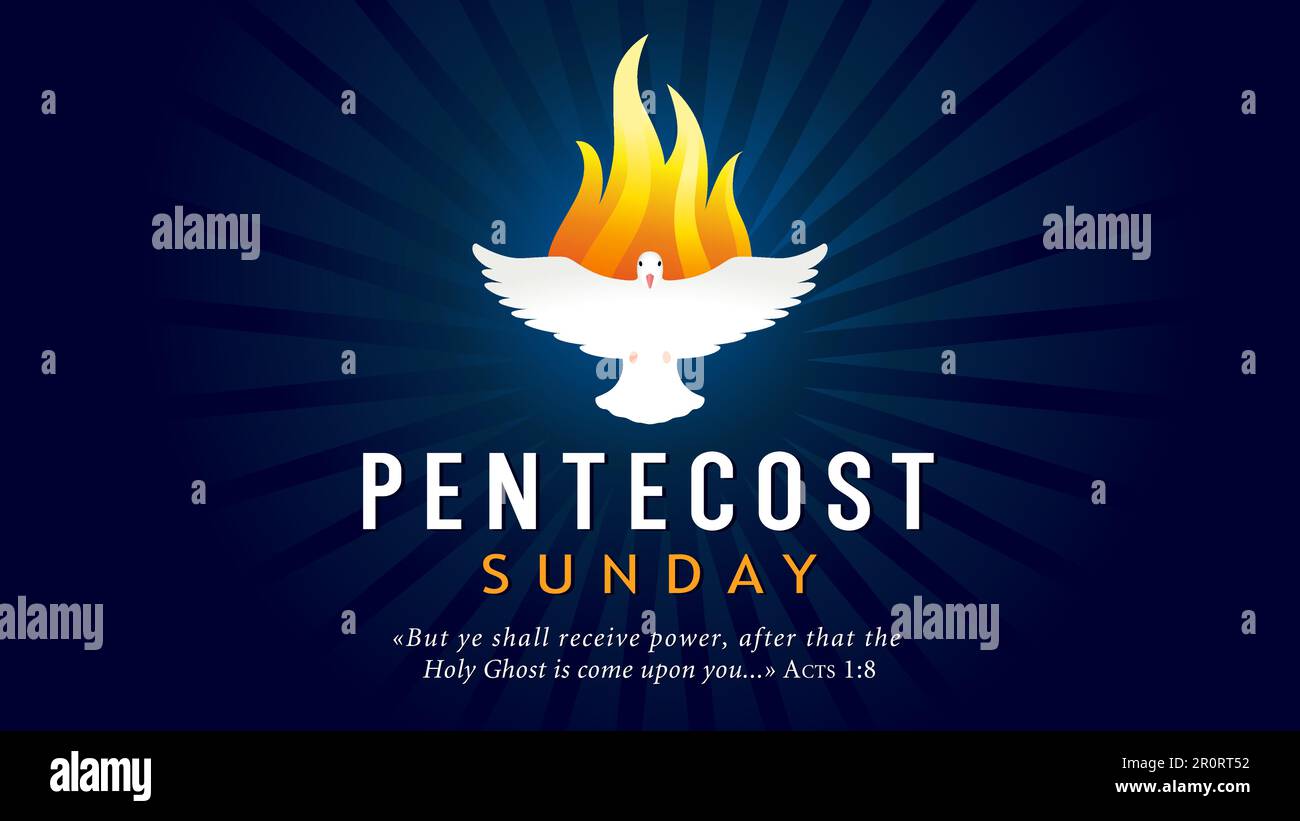 Pentecost Sunday, pigeon Holy Spirit in flame. But ye shall receive power, after that the Holy Ghost. Flying dove in fire, worship poster or banner Stock Vector