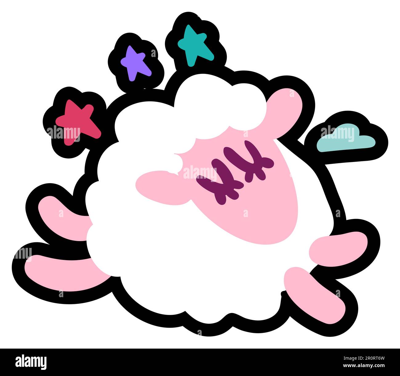 Happy Pretty Sleeping Lamb Dreams Symbol Cartoon. Sleep, Dreamy and Jumping Wooly Little Sheep among Sky Stars and Cloud Isolated on White Background. Stock Vector