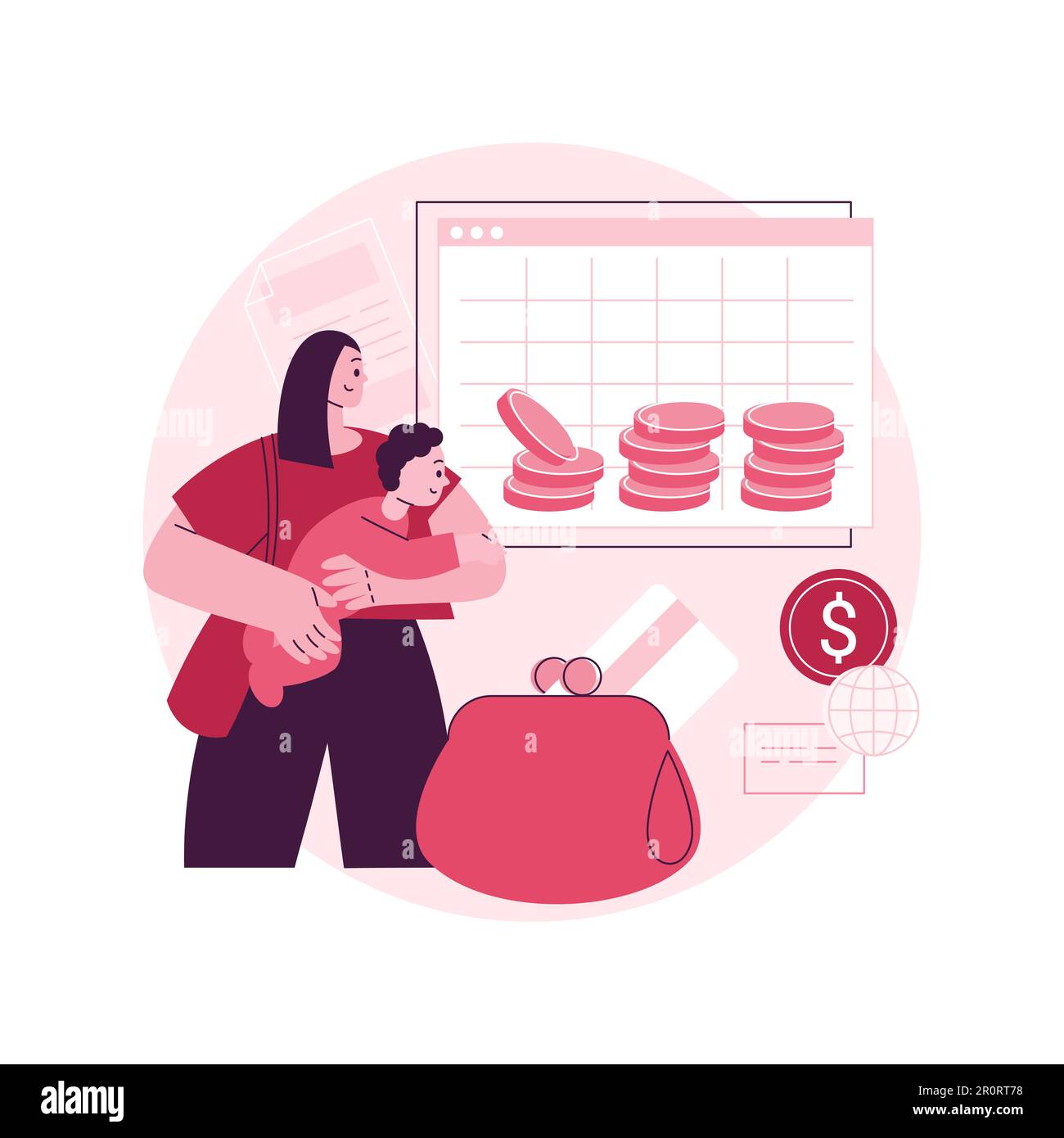 Child care expense deduction abstract concept vector illustration. Dependent care costs, benefit plan, tax return, taxable income, family budget, bank transfer, paycheck abstract metaphor. Stock Vector