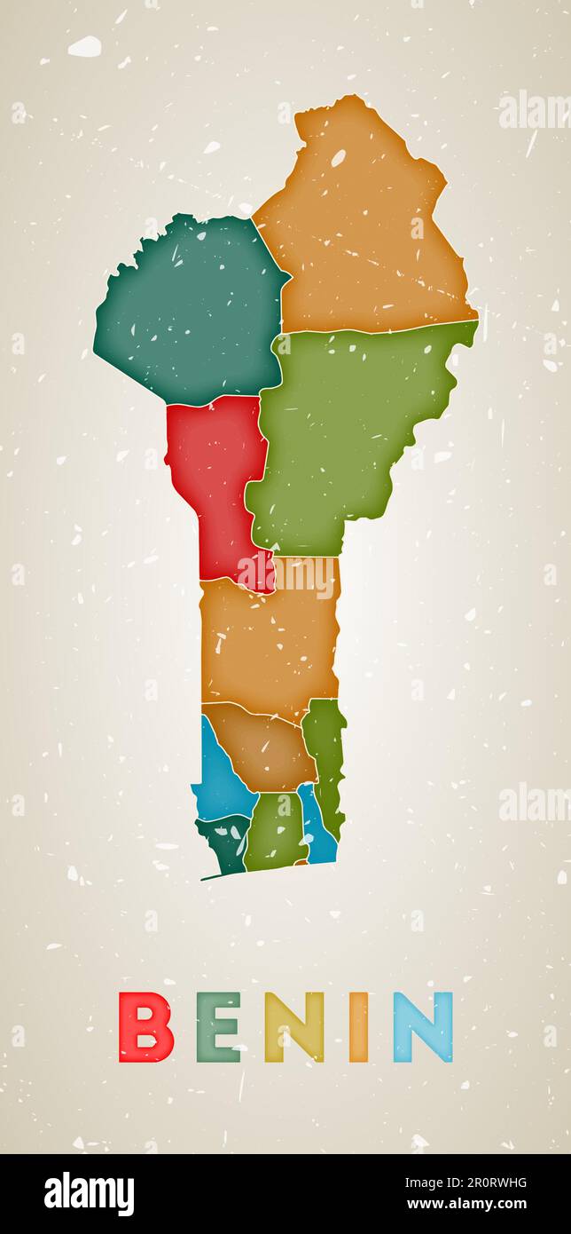 Benin map. Country poster with colored regions. Old grunge texture. Vector illustration of Benin with country name. Stock Vector