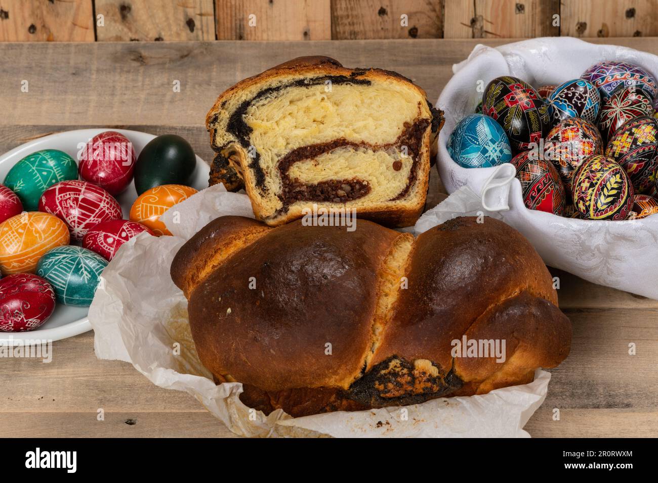 Freshly baked Romanian cakes and hand painted painted Easter eggs