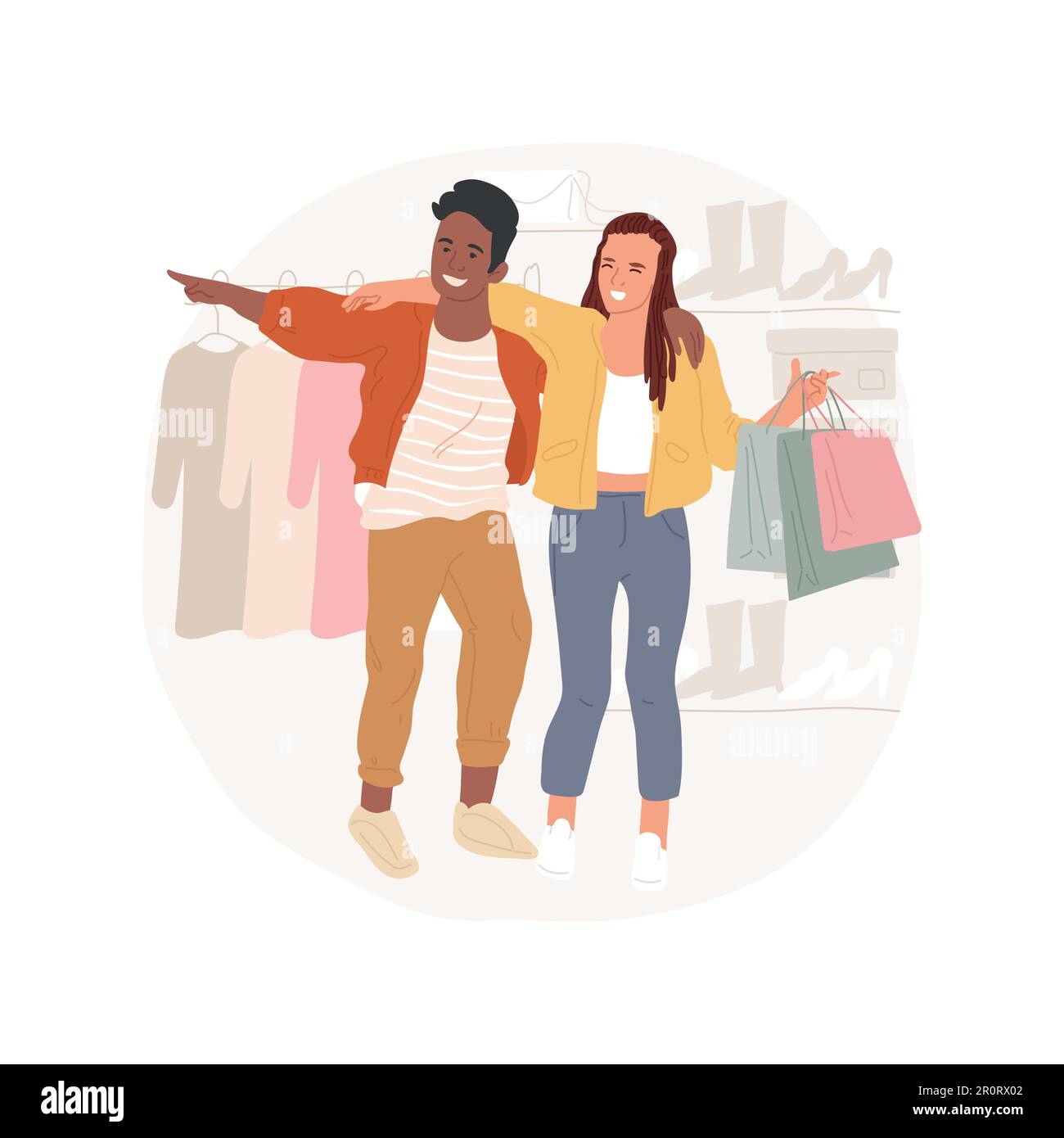 Happy shopping isolated cartoon vector illustration. Teenagers shopping together, couple laughing and having fun, leisure time outdoor, teens romantic relationship, first date vector cartoon. Stock Vector