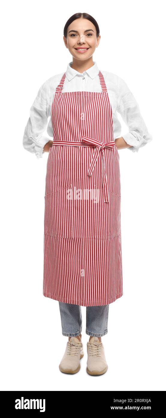 Young woman in red striped apron on white background Stock Photo - Alamy