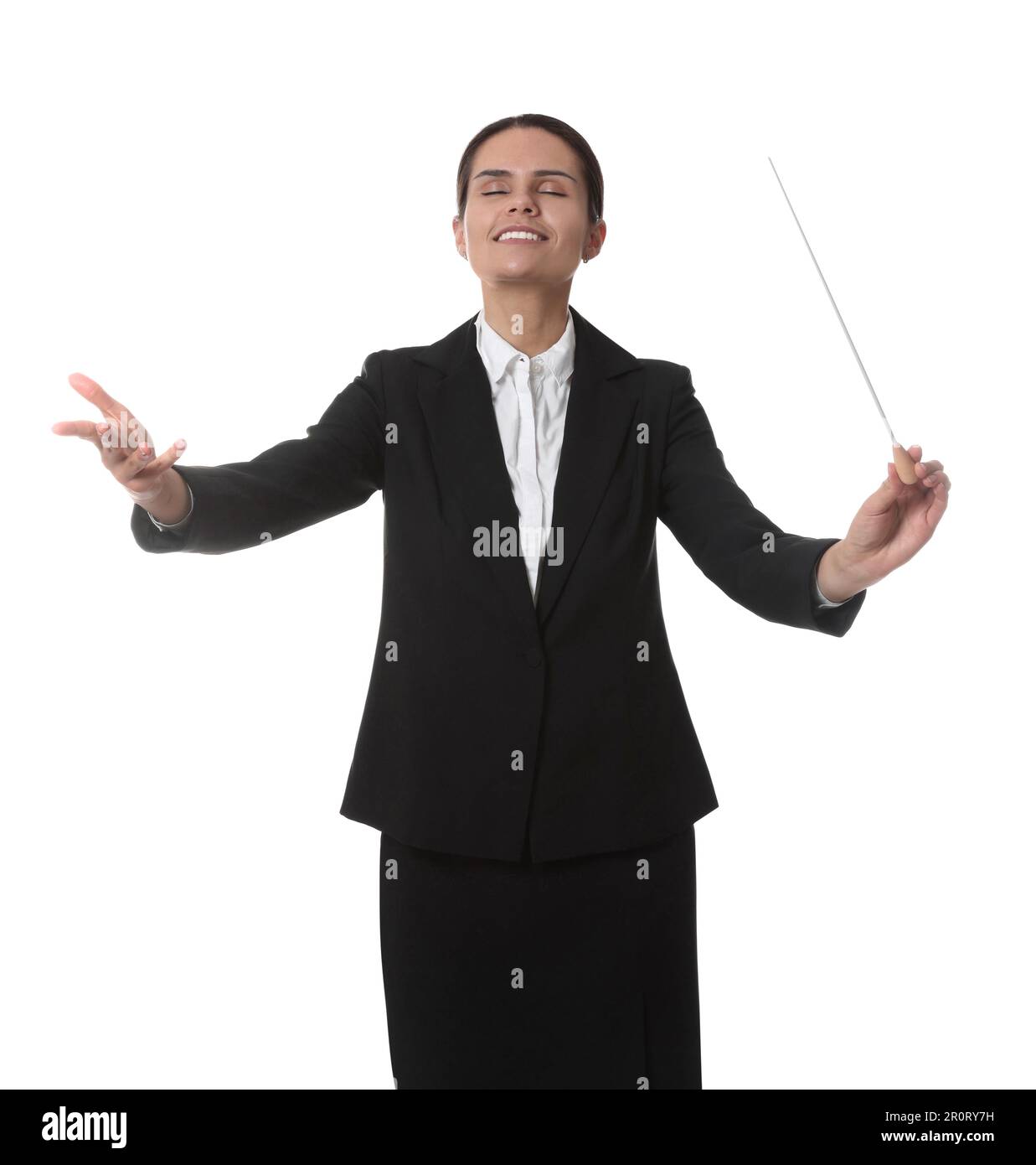 Happy young conductor with baton on white background Stock Photo Alamy