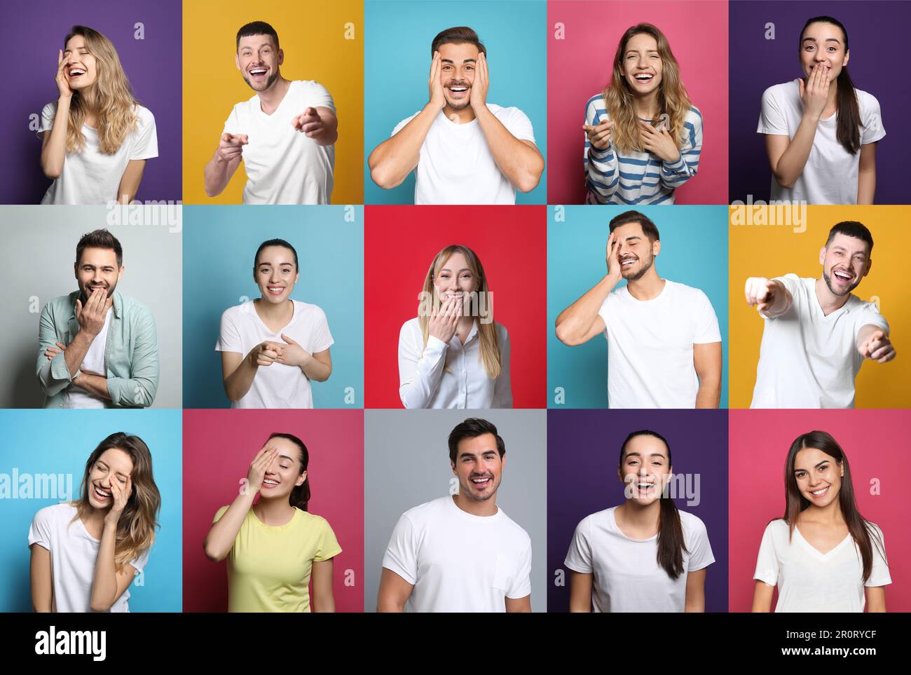 Collage with photos of people laughing on different color backgrounds Stock Photo