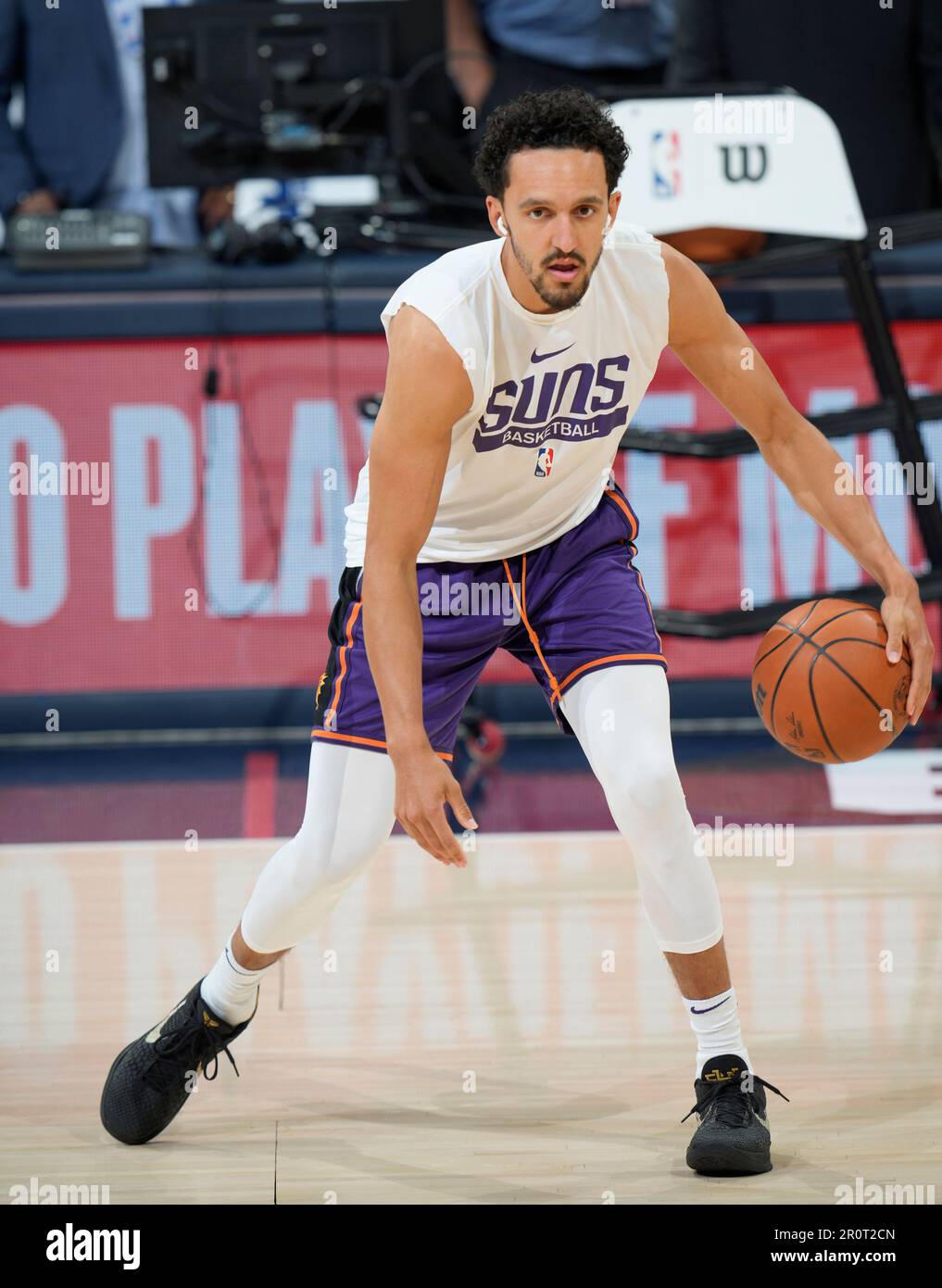 Phoenix Suns guard Landry Shamet warms up before Game 5 of an NBA basketball  second-round playoff series against the Denver Nuggets Tuesday, May 9,  2023, in Denver. (AP Photo/David Zalubowski Stock Photo 