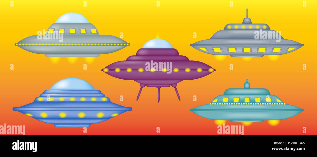 Set of various UFOs. Collection of alien spaceships in cartoon style. Flying saucer 3d. Vector illustration. Stock Vector