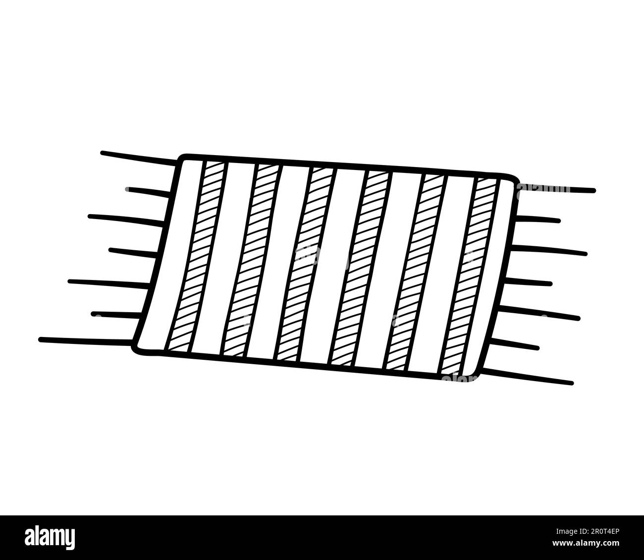 Striped beach towel with fringe. Hand drawn sketch icon of summer lying