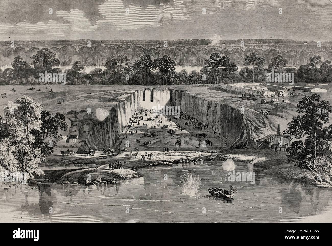 The advance against Richmond - Progress of Work on Dutch Gap Canal, in Major-General Butler's Department - Cutting through Peninsula, to avoid Rebel Obstructions and shorten the route of gunboats to Richmond. American Civil War, 1864 Stock Photo