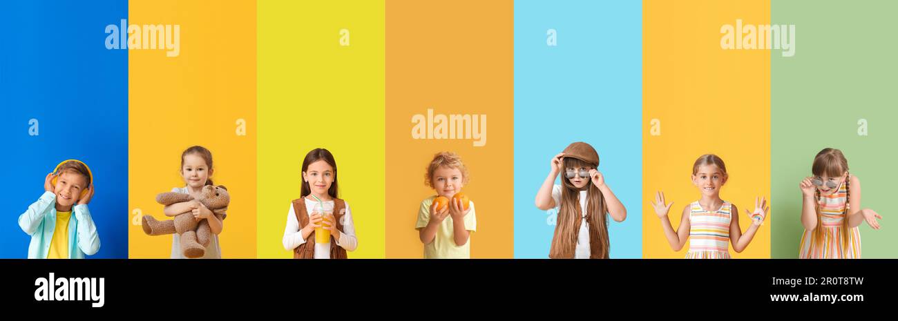 Collage of little children on color background Stock Photo - Alamy