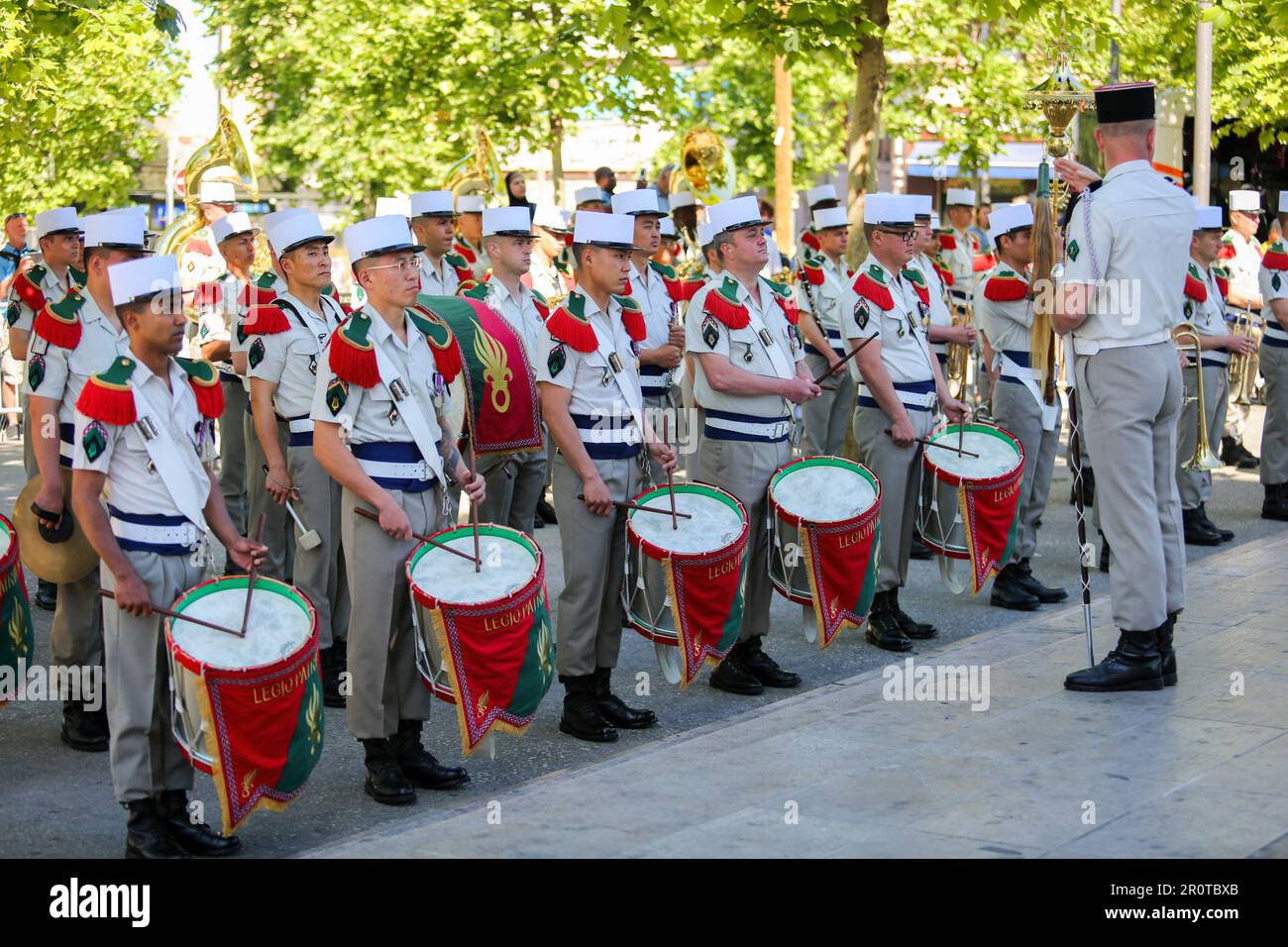 Marseille, France. 08th May, 2023. Musicians of the 'Foreign Legion' perform during the commemoration of May 8, 1945 in Marseille. Each year the commemoration ceremonies of May 8, 1945 mark an important date, the victory of the Allied forces over Nazi Germany and the end of the Second World War in Europe. Credit: SOPA Images Limited/Alamy Live News Stock Photo