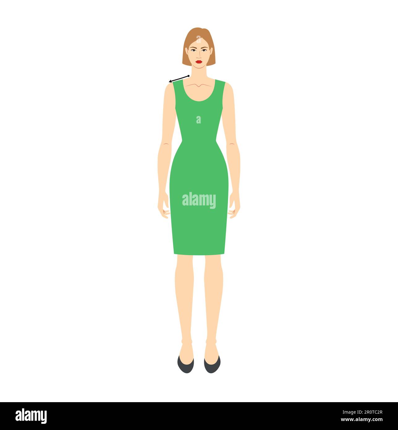 Women to do shoulder measurement body with arrows fashion Illustration for size chart. Flat female character front 8 head size girl in green dress. Human lady infographic template for clothes Stock Vector