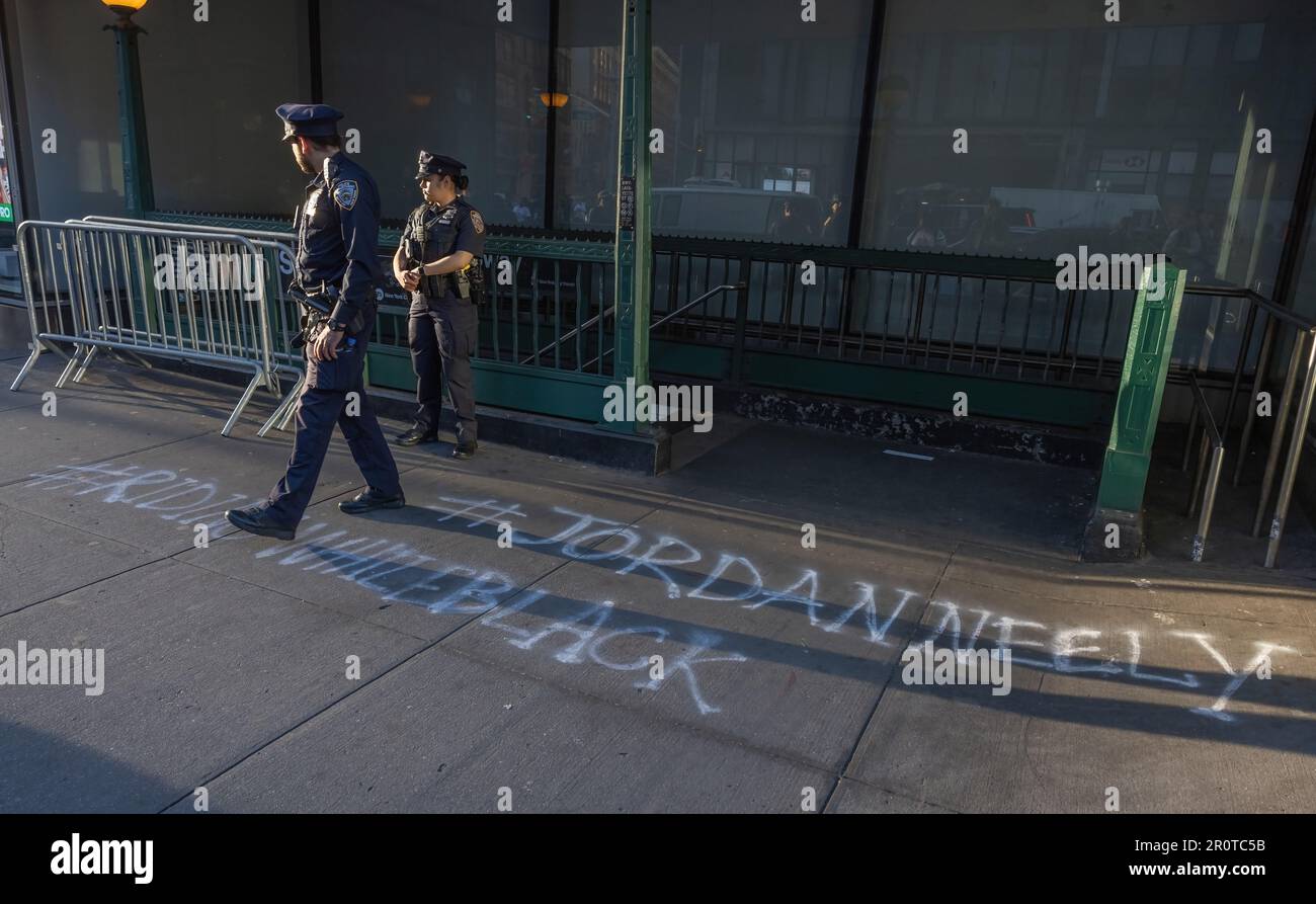 NEW YORK, N.Y. – May 8, 2023: Officers from the New York City Police Department are seen outside the Broadway-Lafayette Street subway station. Stock Photo